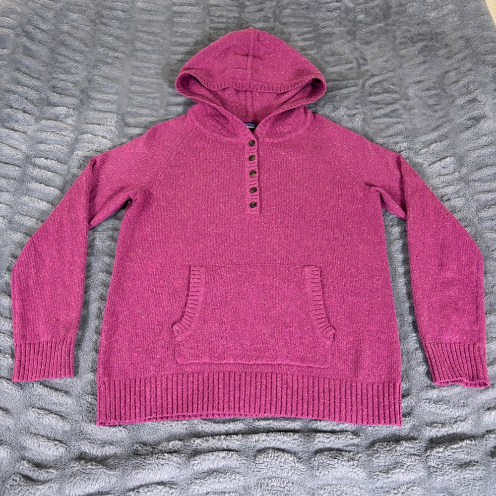 Patagonia Womens Magenta Pink Speckled Wool Blend Henley Hoodie Sweater Size M